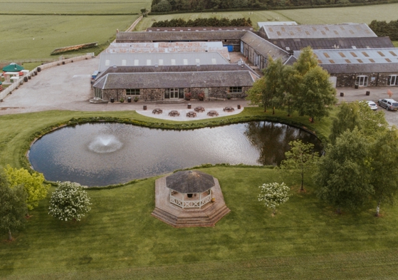 Aerial view of Bachilton Barn wedding venue, Perthshire